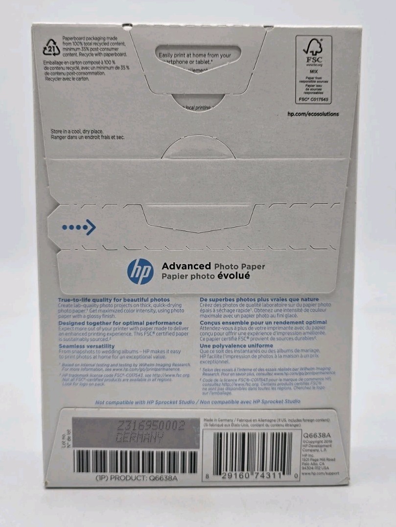 HP Advanced Photo Paper Glossy InkJet 4″×6″ 100 Sheets Q6638A NEW FACTORY SEALED