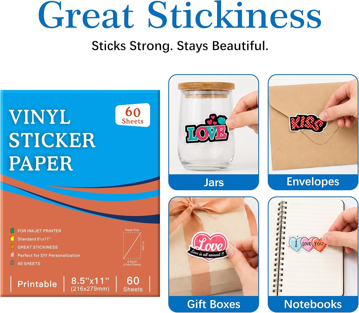 60 Sheets Premium Printable Clear Vinyl Sticker Paper for Inkjet Printer, 8.5X11