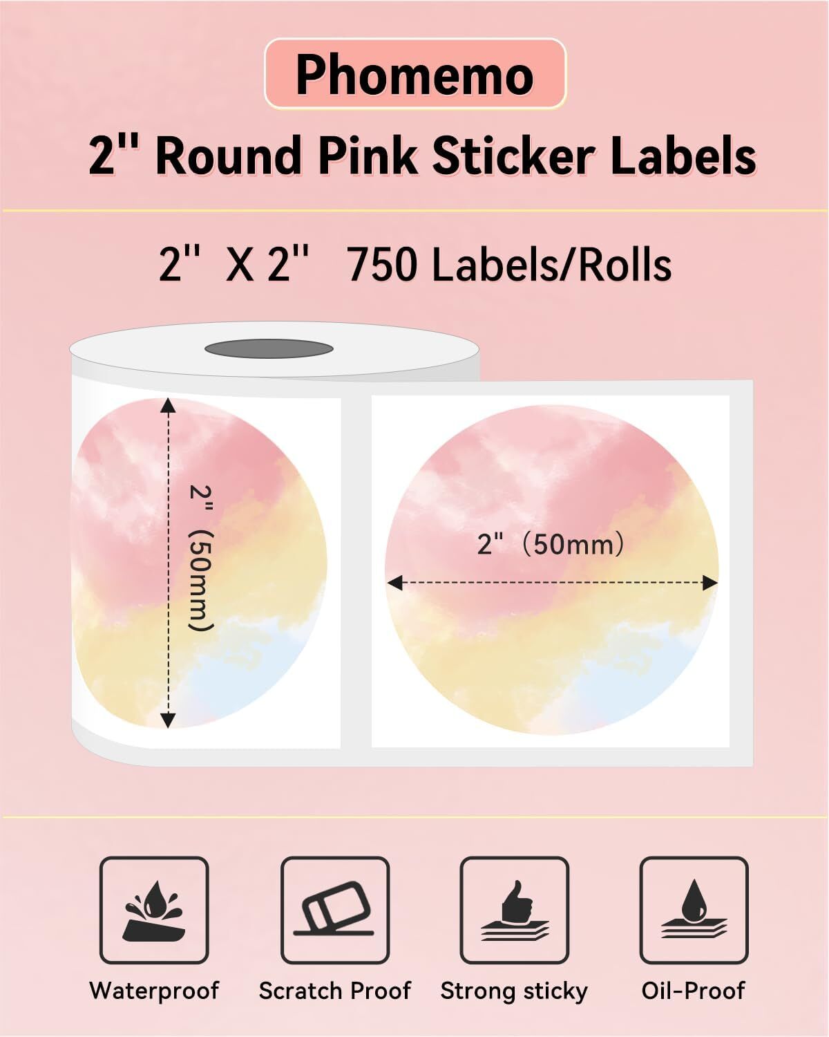 Phomemo 2″ Direct Thermal Printer Label Self-Adhesive Round Sticker Address Tag