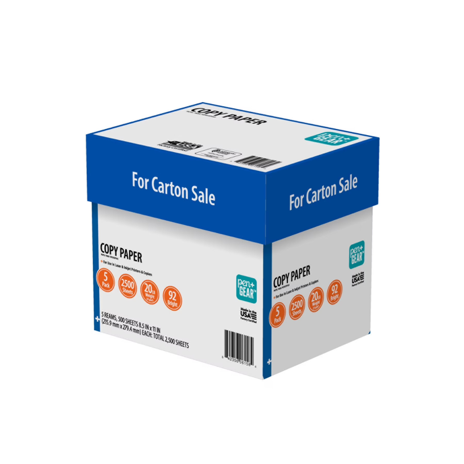 Pen Gear Copy Paper 8.5 x 11 20 lb White 5 Ream Case 2500 Sheets