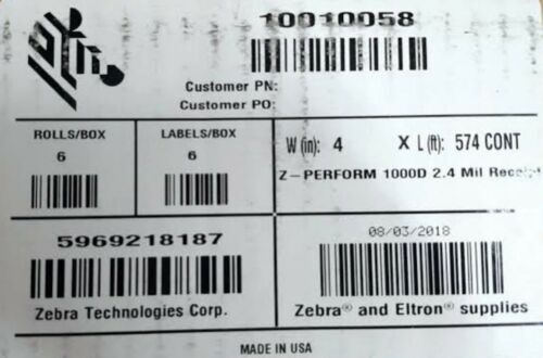 Zebra Z-PERFORM 1000D 2.4 Mil RECEIPT PAPER 4″ x 574′, 4 ROLLS #10010058