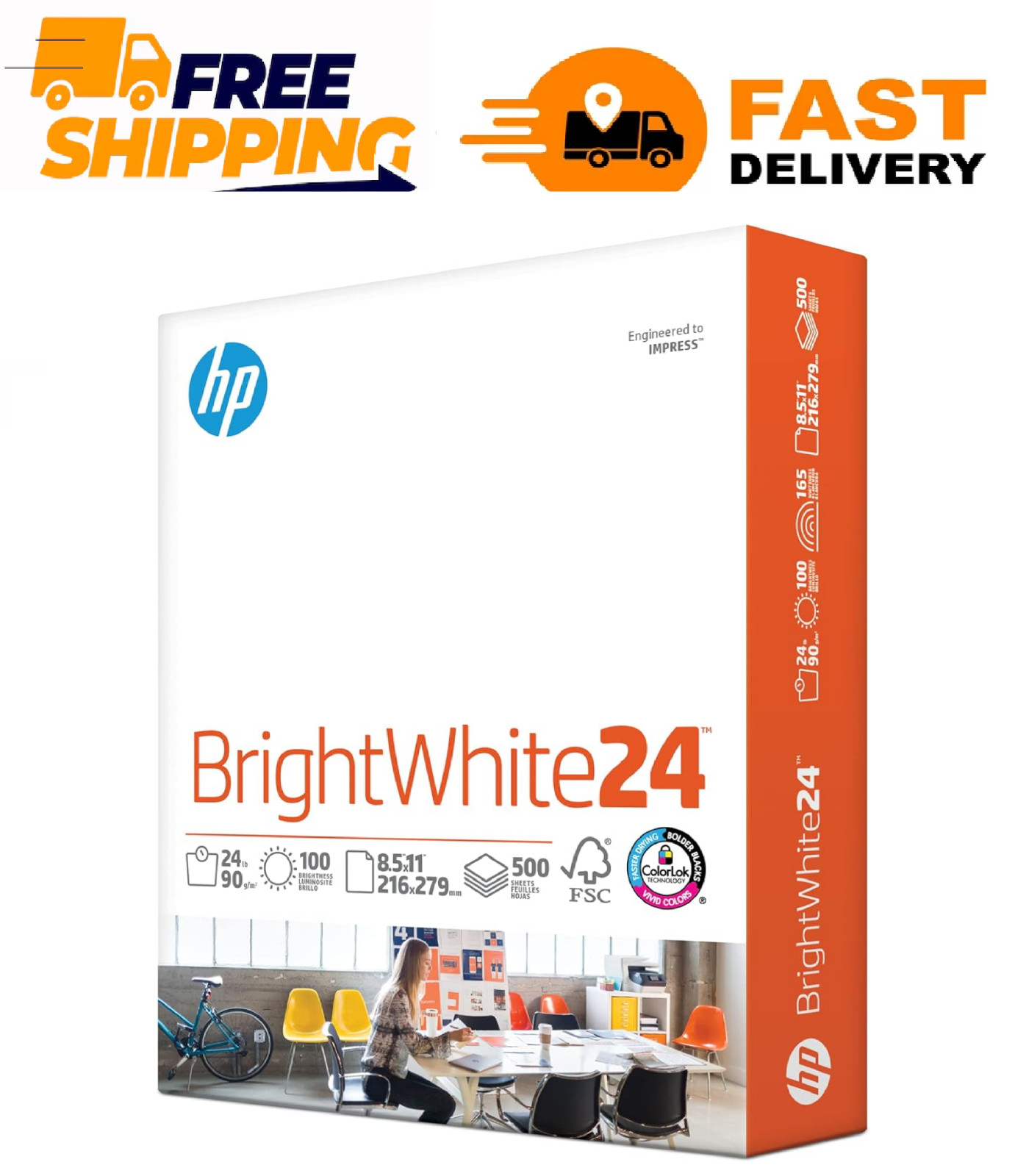 HP BrightWhite24 8.5″ x 11″ Inkjet Paper 24 lbs. 100 Brightness 500 Sheets/Ream
