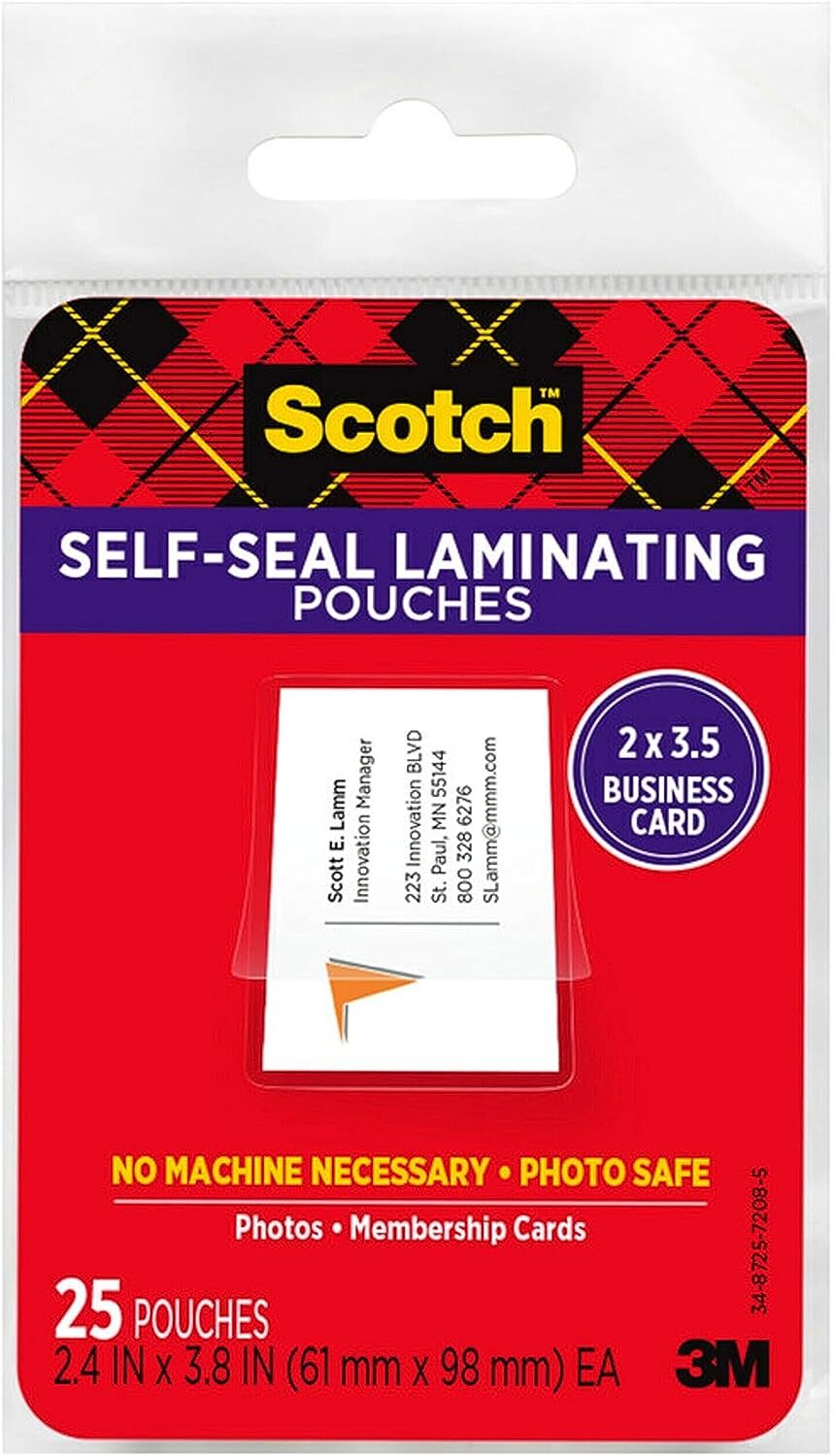 Scotch LS851G Self-Sealing Laminating Pouches, 9.5 mil, 2 7/16 x 3 7/8, Business
