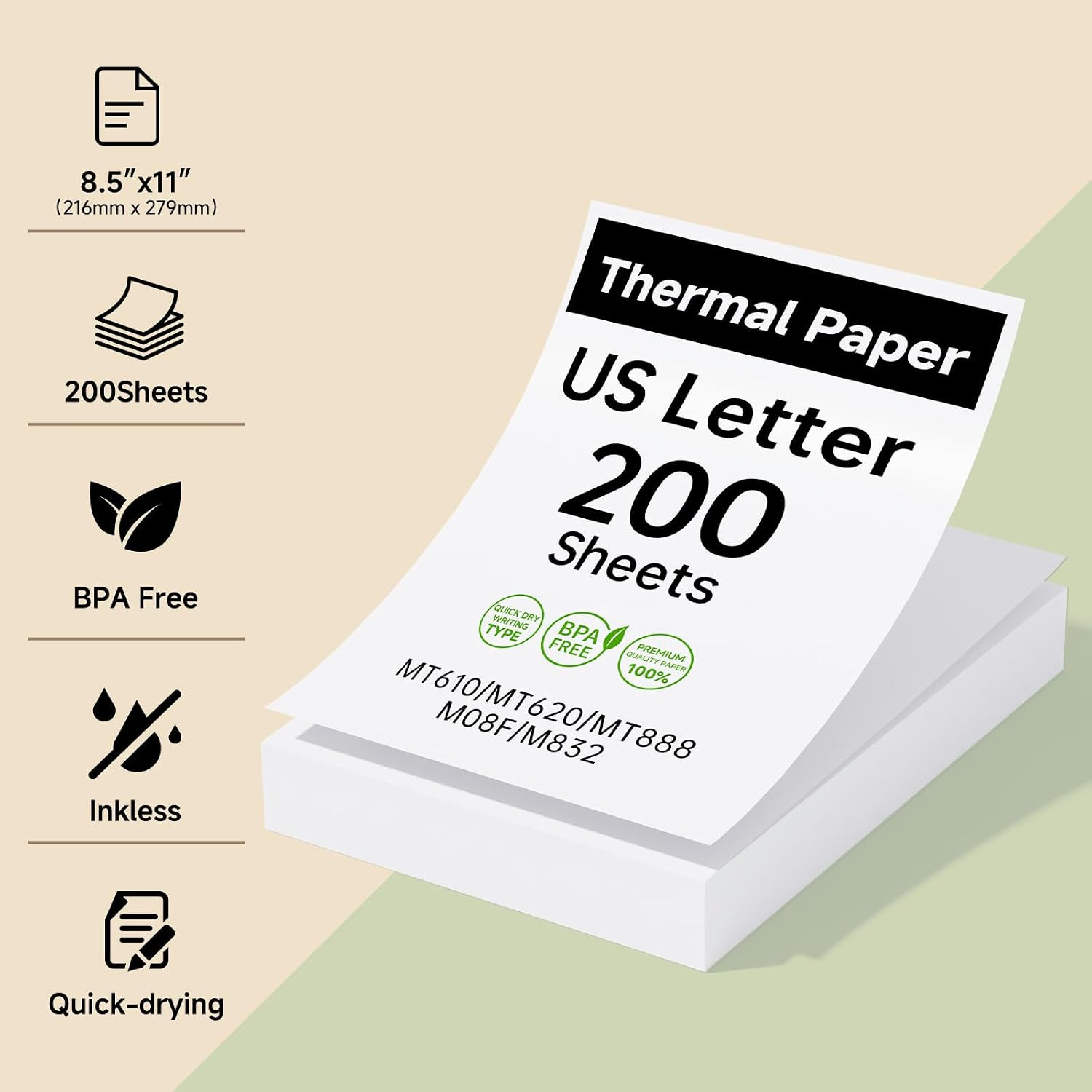 Thermal Printer Paper, 200 Sheets 8.5″x11″, BPA-Free for Various Printers