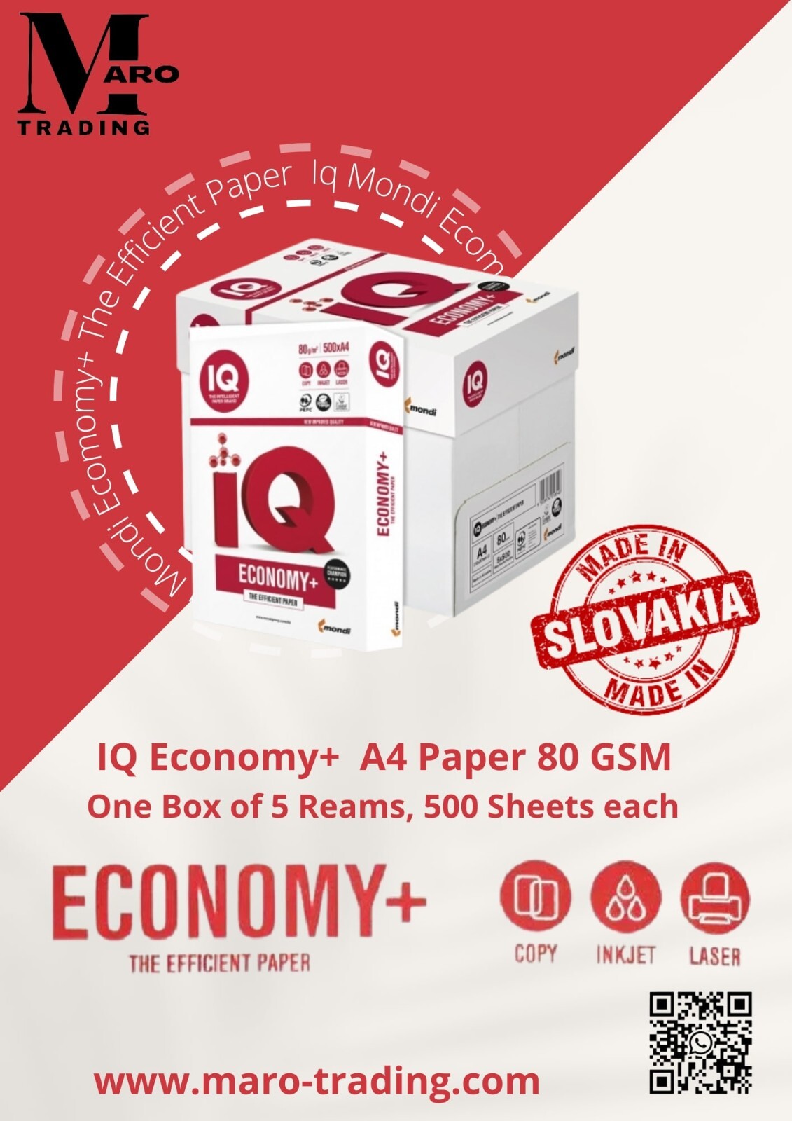 Mondi IQ Economy+ A4 paper, 80 GSM, one Ream of 500 sheets
