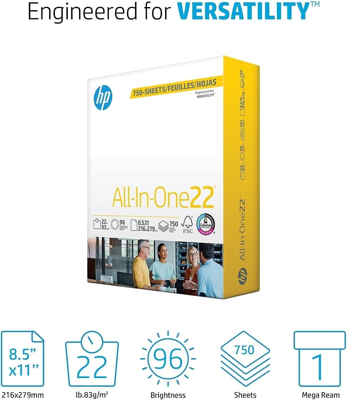HP Office20 Printer Paper 8.5×11 Paper All In One Mega Ream 96 Bright, 750 Sheet
