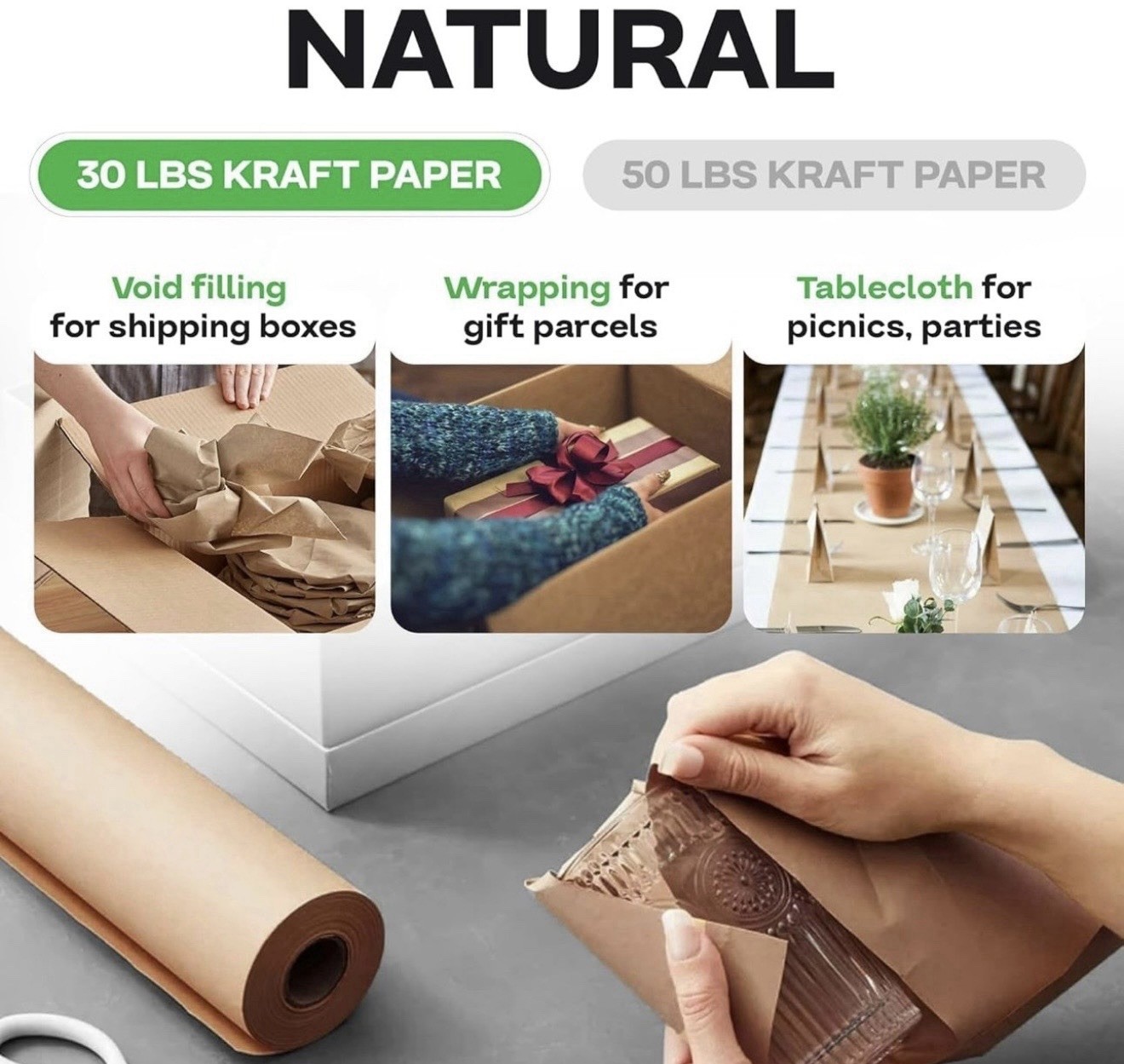 IDL Packaging Large Brown Kraft Paper Roll 18″ x 1200 feet (14400 inches) – N…