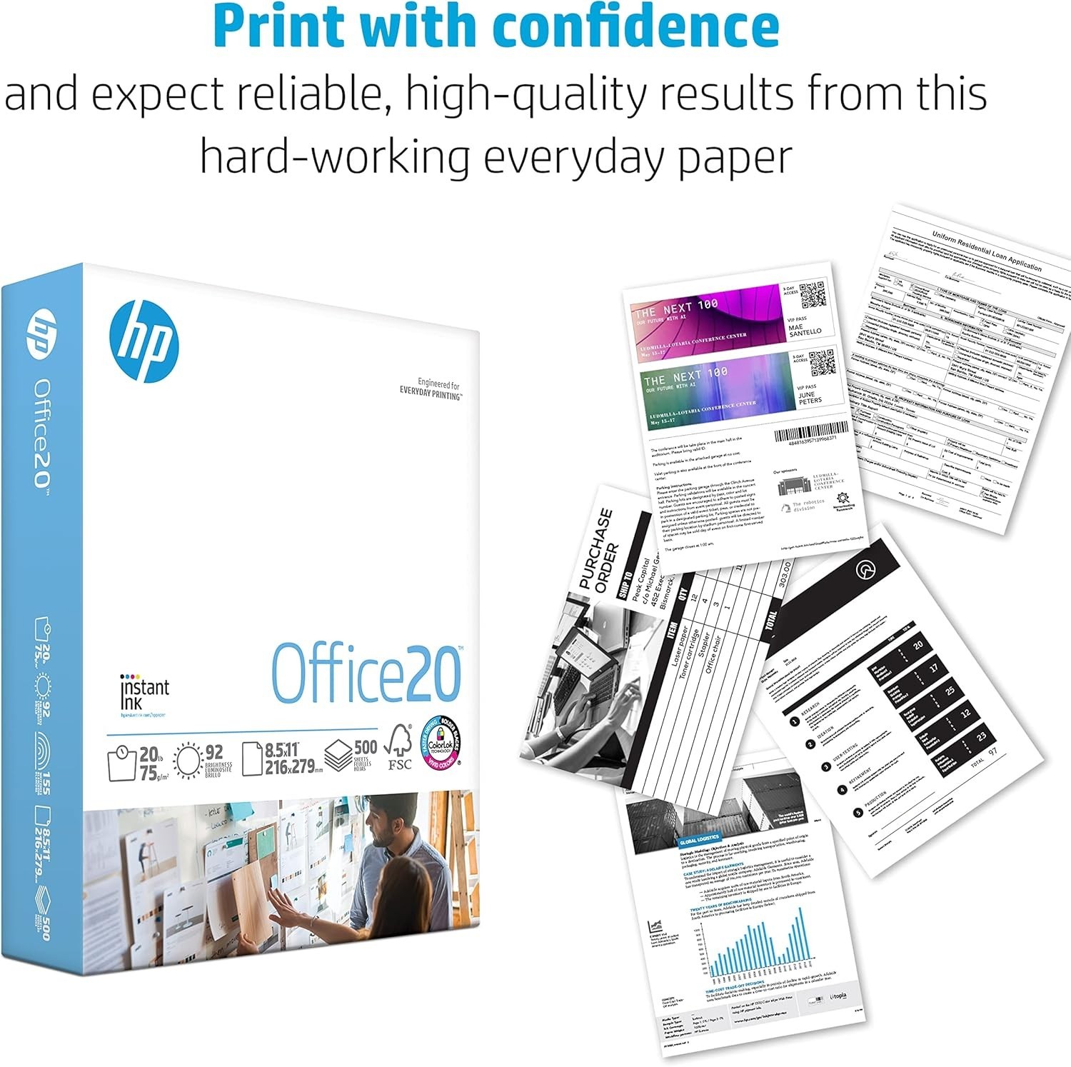 HP Office20 Printer Paper, White Letter Size 8.5″ x 11″, One Ream / 500 Sheets