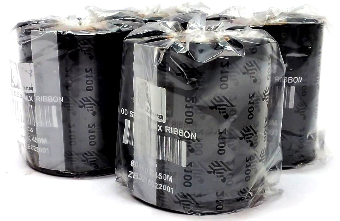 Zebra Wax Ribbons 80mm x 450m 2100 Series 02100BK08045 Black Genuine – 4 Rolls