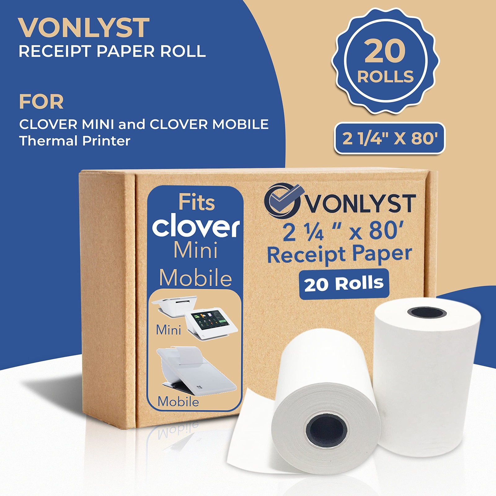 Vonlyst Thermal Receipt Paper Rolls for Clover Mini & 20 rolls, White