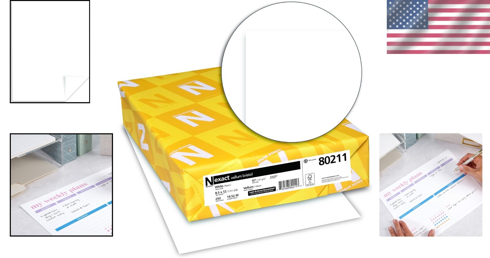 Bright White 67 lb Vellum Bristol Cardstock, 250 Sheets, 8.5″x11″ – Acid-Free