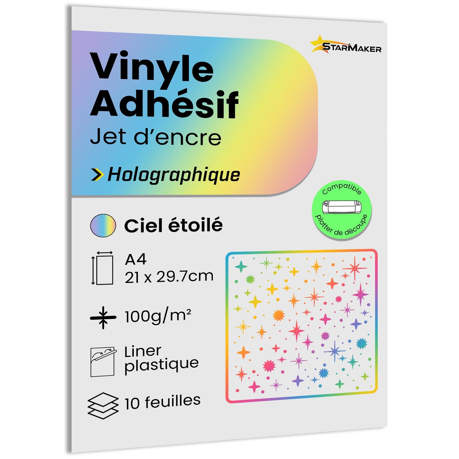 A4 x 10 Sheets Self Adhesive Vinyl, Holographic, with Plastic Film, Adhesive…