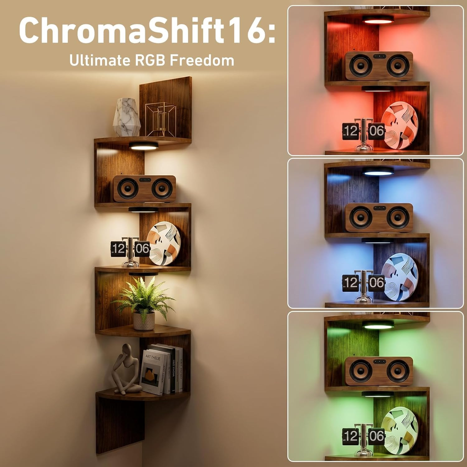 Corner Shelf Wall Mounted: 5-Tier Floating Shelves with Lights for Bedroom, Livi