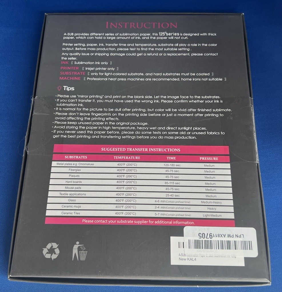 A-SUB Sublimation Paper 8.5×11 125 G – 110 sheets NEW Open Box