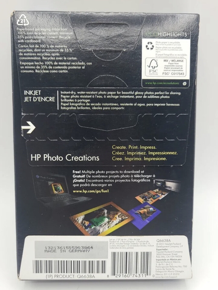 HP Advanced Photo Paper 4 x 6 Glossy 100 Sheets New Unopened FREE SHIPPING!!