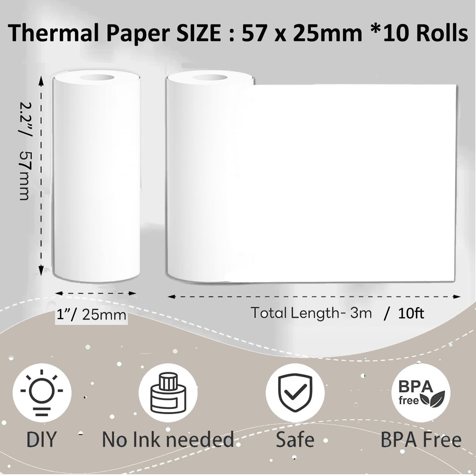10 Rolls Mini Thermal Printer Paper, 57 X 25mm Sticker Paper for Most
