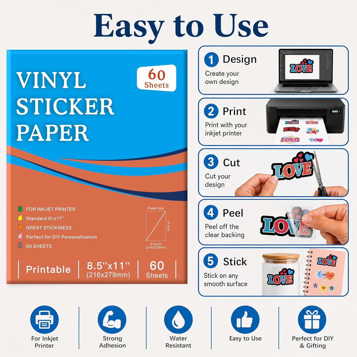 60 Sheets Premium Printable Clear Vinyl Sticker Paper for Inkjet Printer, 8.5X11