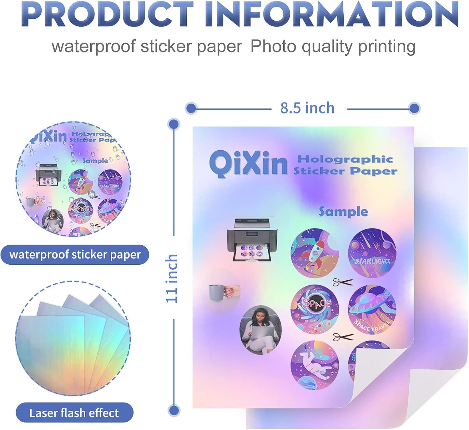QiXin 100 Sheets Holographic Sticker Paper 8.5 x11 inch for Inkjet Printer & …