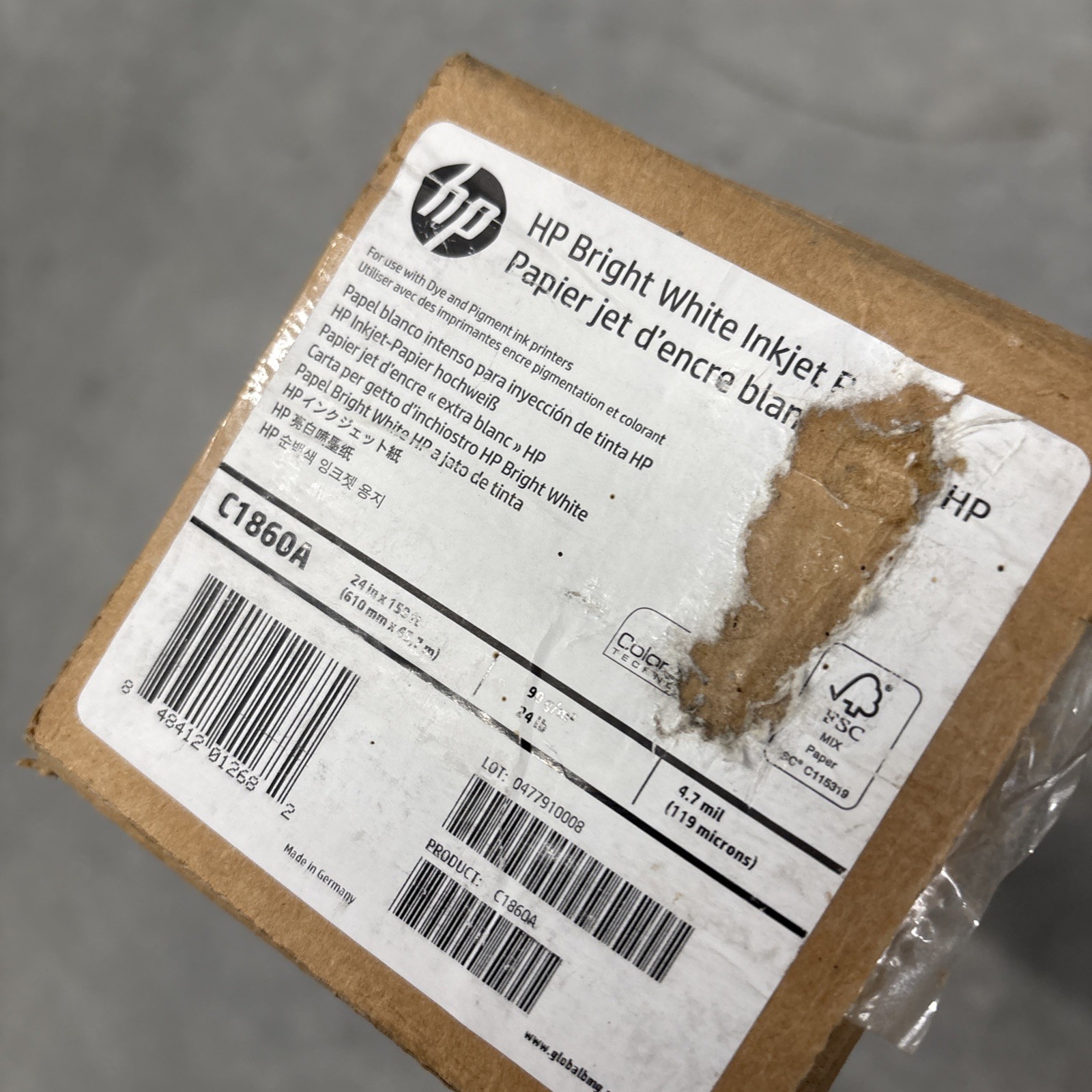 HP C1860A Bright White Inkjet Paper Roll 24” x 150 ft 90gsm NEW SEALED