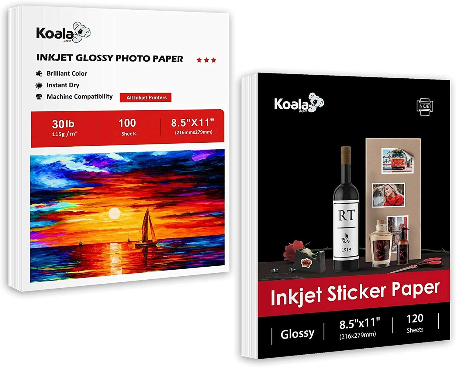 220 Sheets Koala Photo Paper 8.5×11 Glossy + Sticker Paper for Inkjet Printers