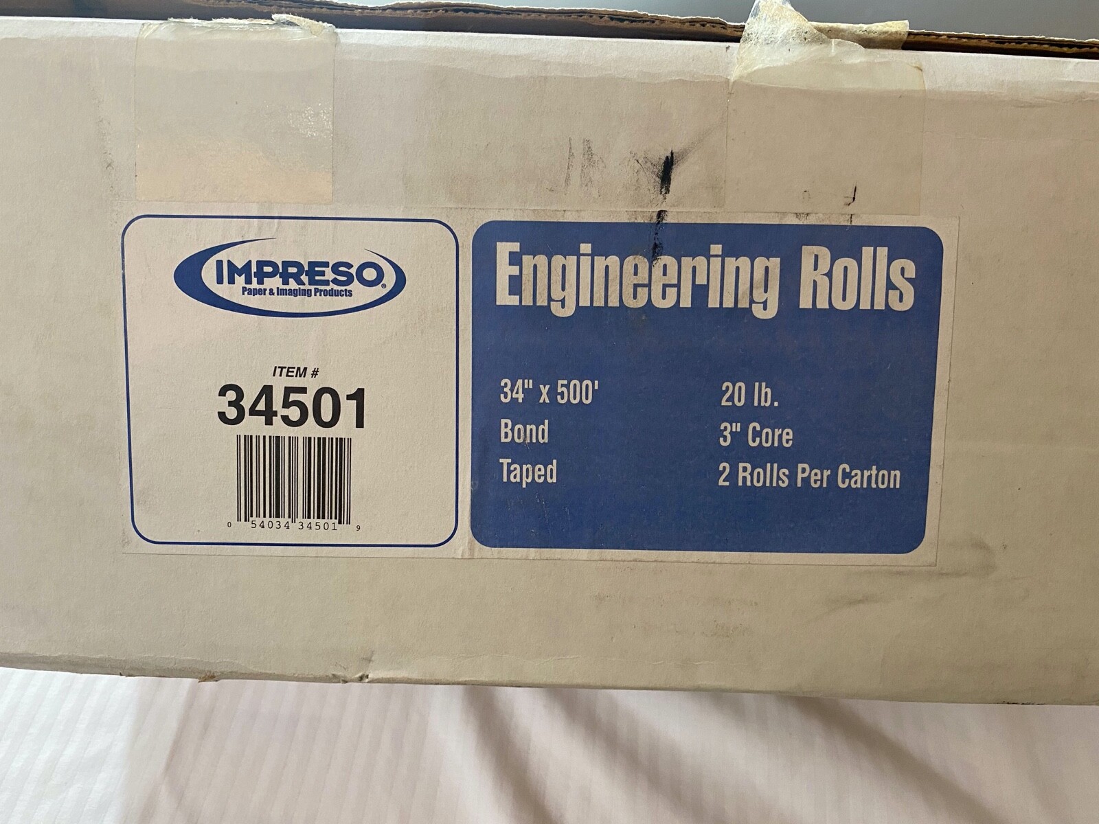 One Impreso Bond Engineering Roll 34” x 500′ Taped 20 LB Paper 3” Core 34501