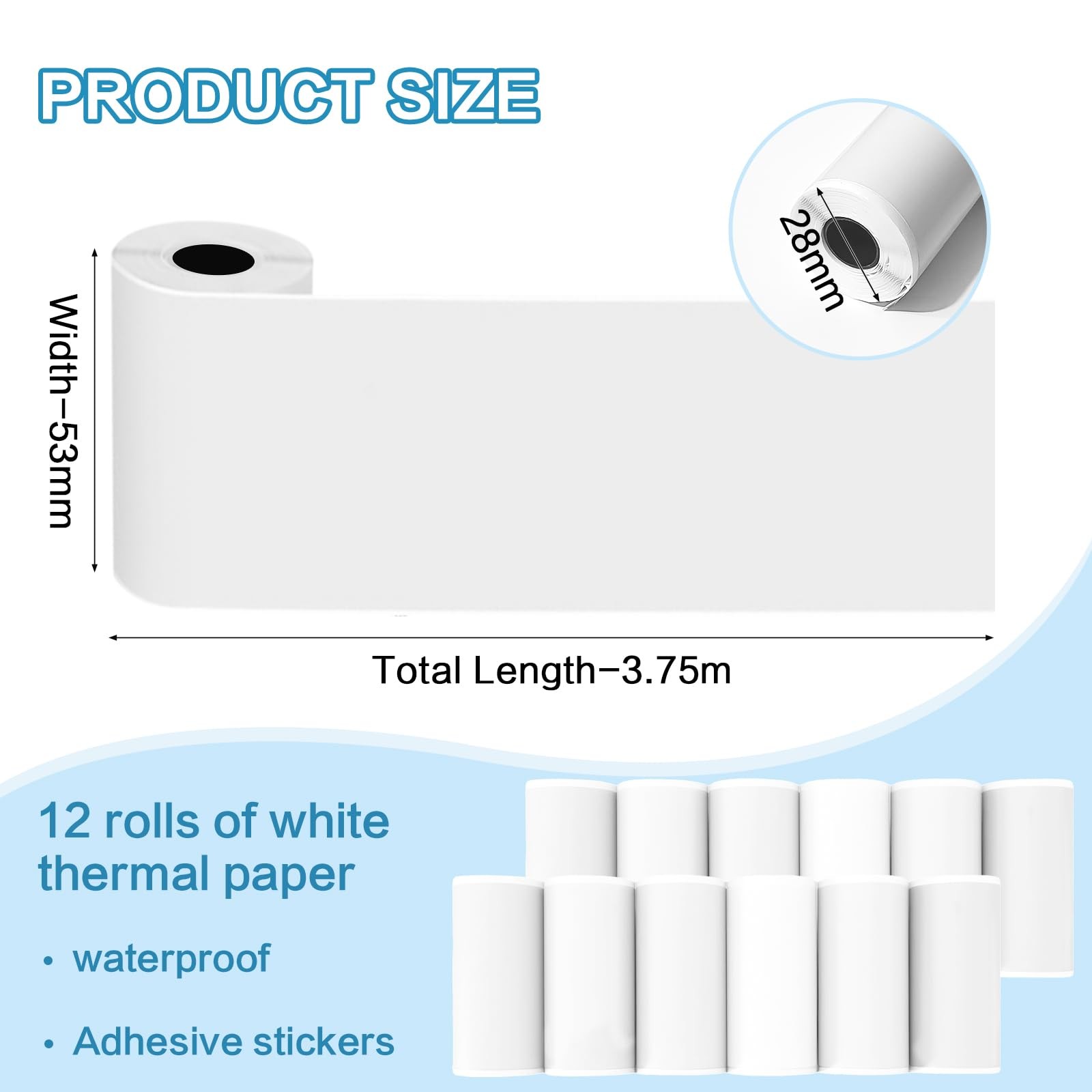 BYBOUS 12 Rolls 53mmx3.75m White Thermal Printer Paper, Mini