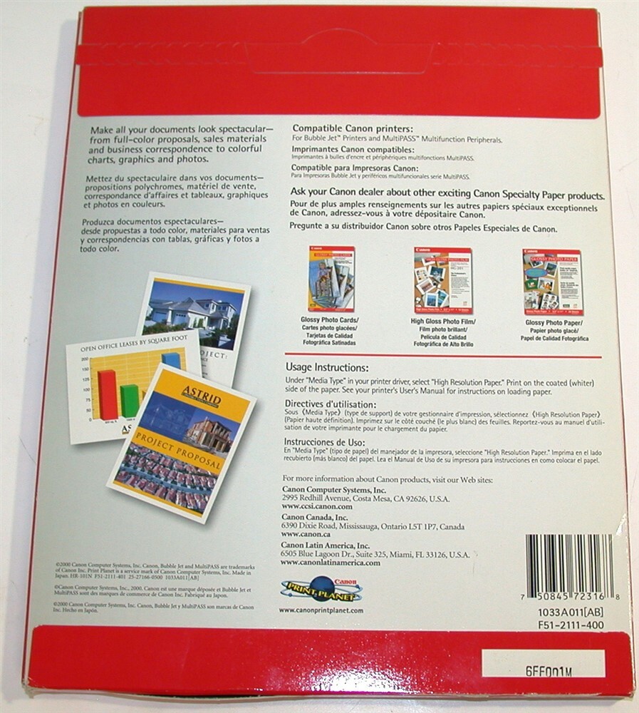 Box of 100 Sheets Canon 8.5″ x 11″ High Resolution Paper F51-2111-400