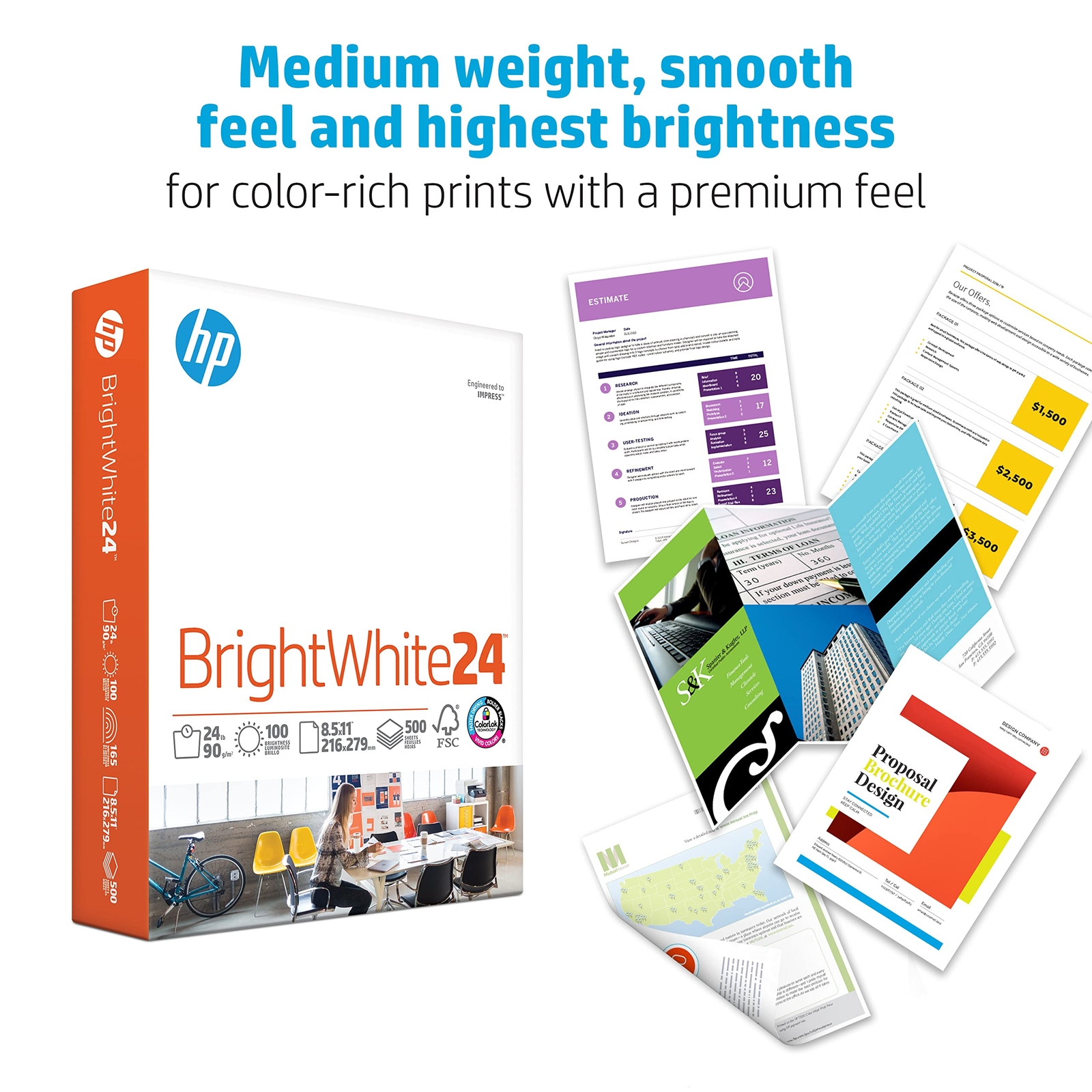 HP BrightWhite24 Printer Paper 24lb 2500 Sheets Colorlok FSC Certified USA