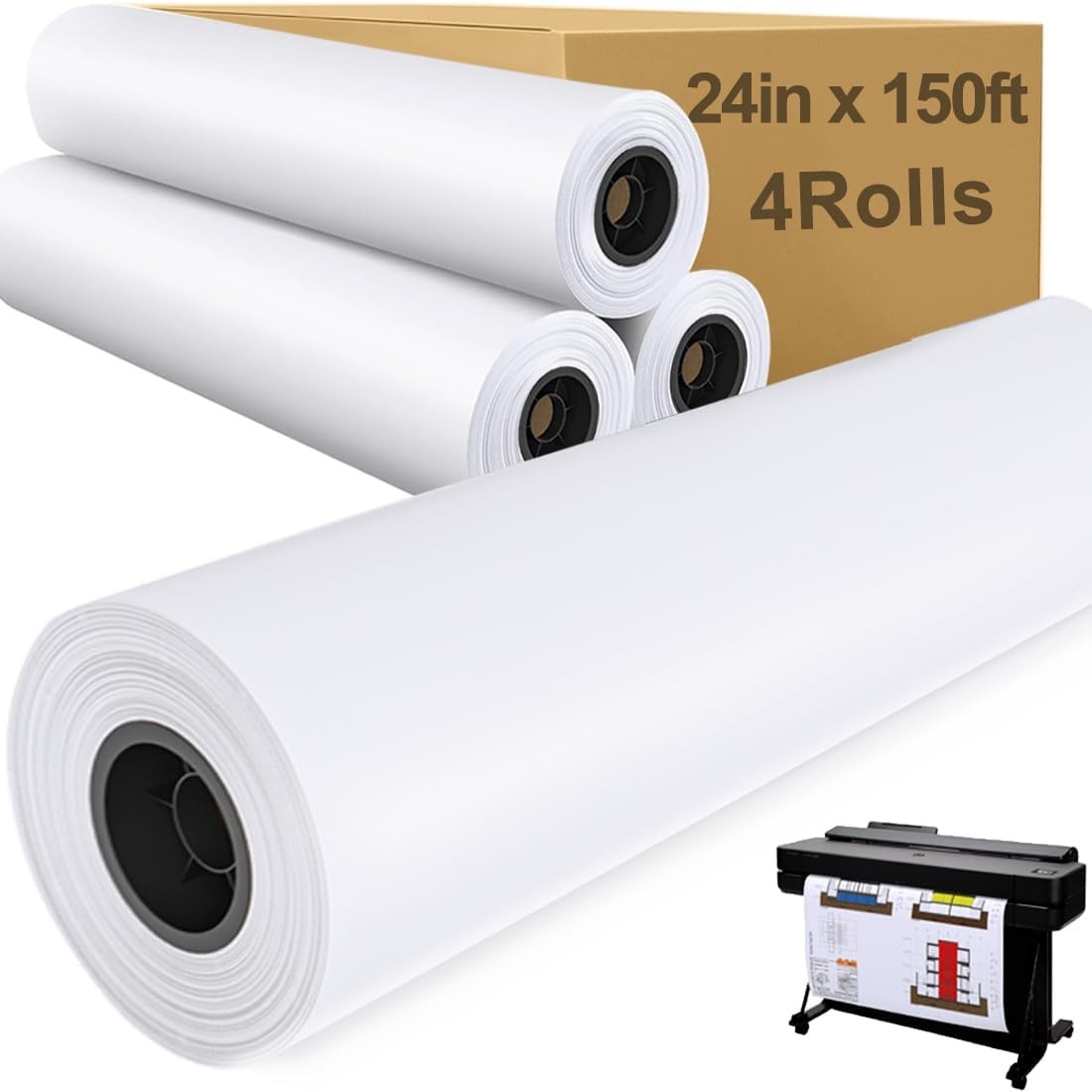 1/2/4 rolls 24″ x 150′ 20lb Bond Plotter Paper for Wide Format Inkjet Printers