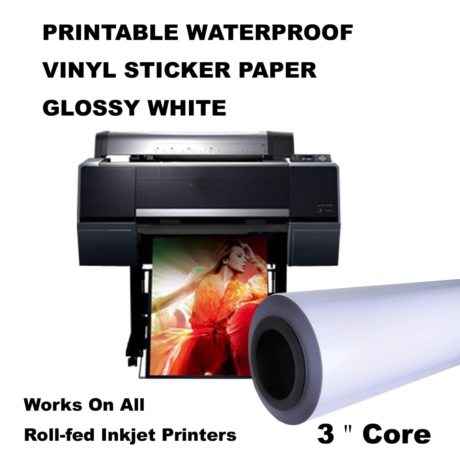 Printable Waterproof Vinyl Sticker Paper 24″ x 1200″ for Inkjet Printers
