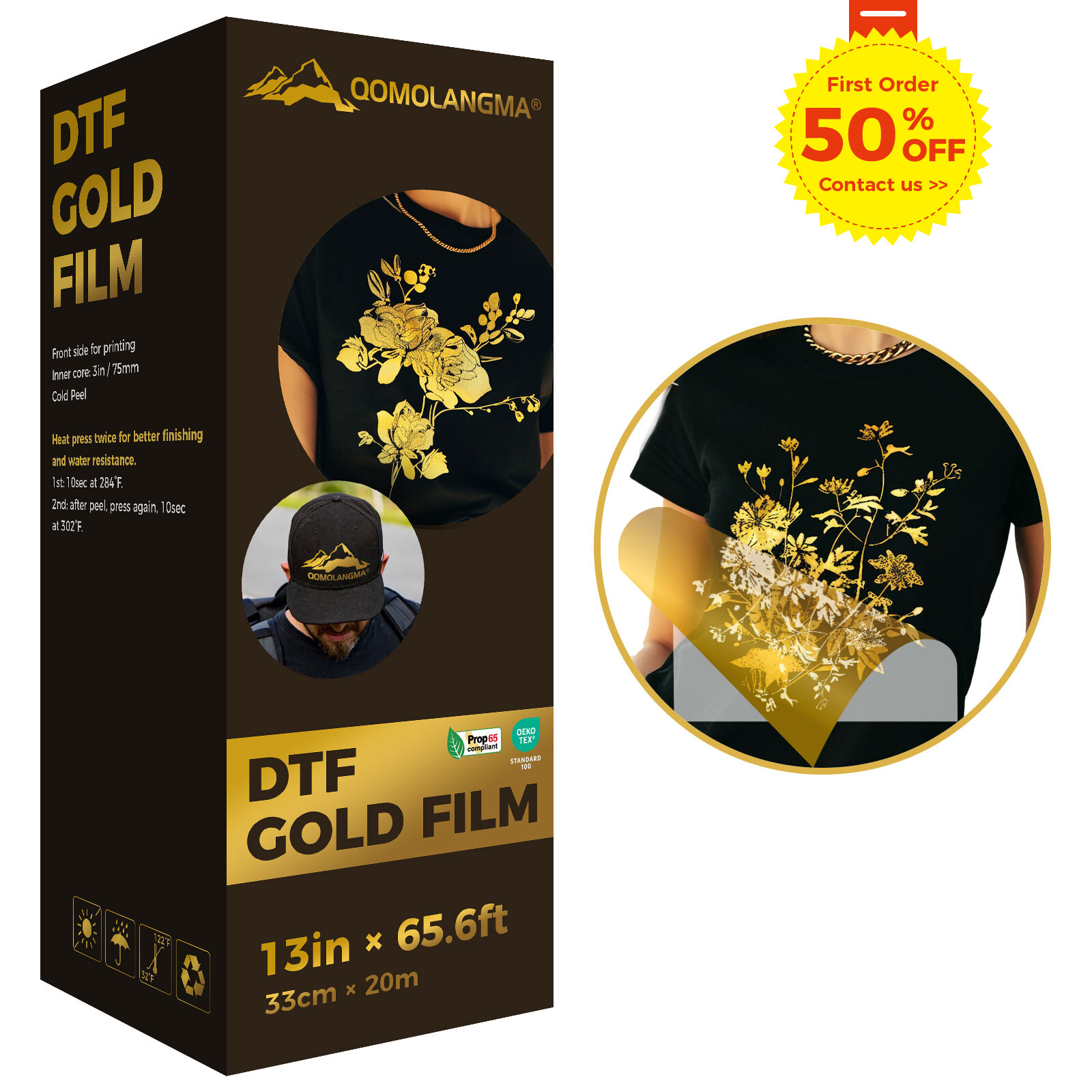 QOMOLANGMA 13in x 65.6ft DTF Gold / Silver Foil Film DTF Transfer Film Roll