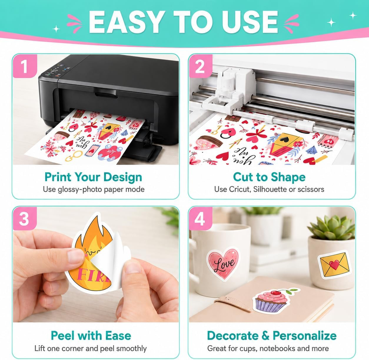 Printable Vinyl Sticker Paper for Inkjet Printer, 30 Sheets Glossy