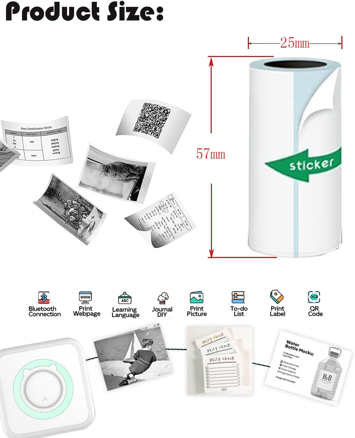Mini Printer Sticker Paper, 10 Rolls Thermal Printer Stickers Paper 57 X 25Mm, P