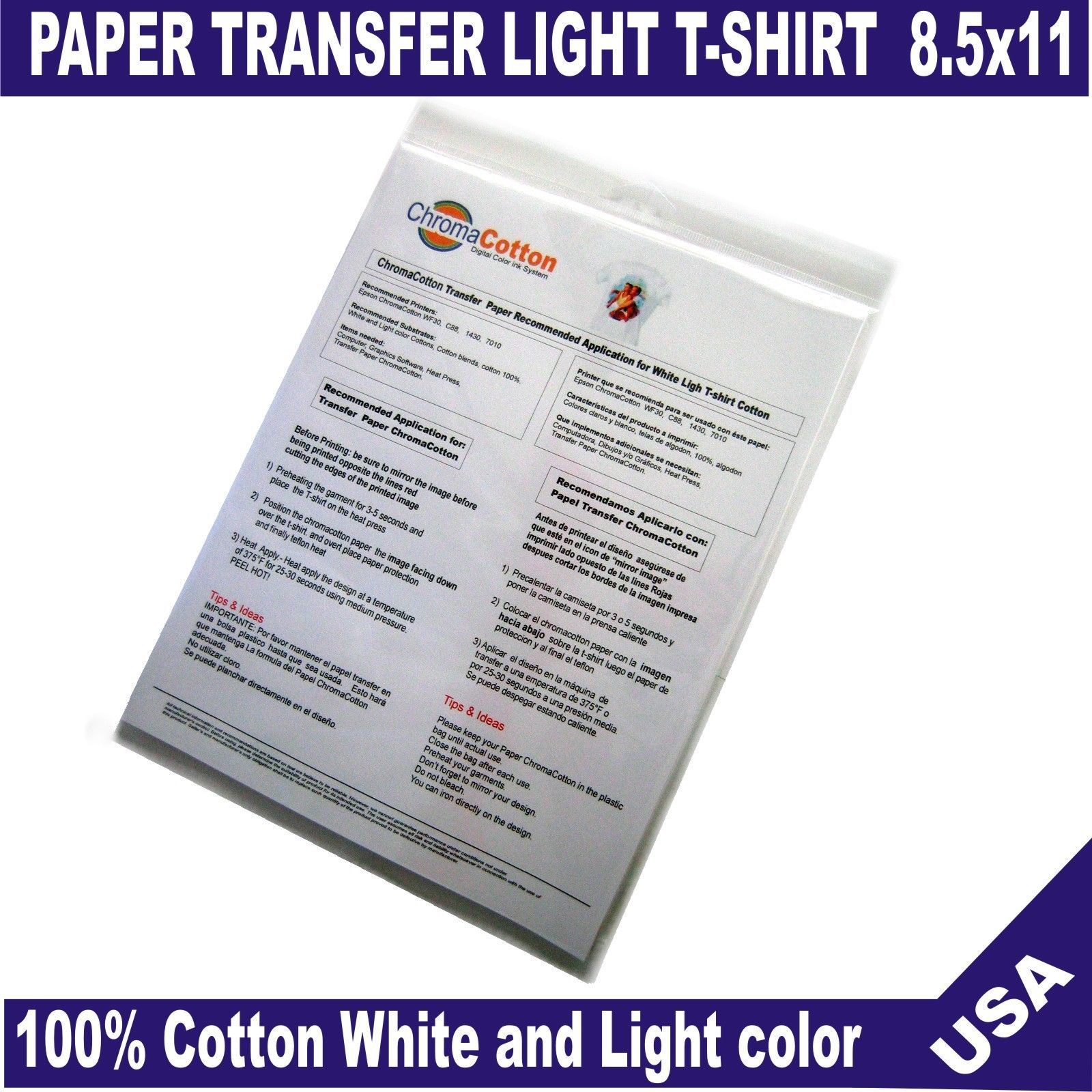25 ChromaCotton Transfer Paper 11×17 White and light T-shirt 100% Cotton .