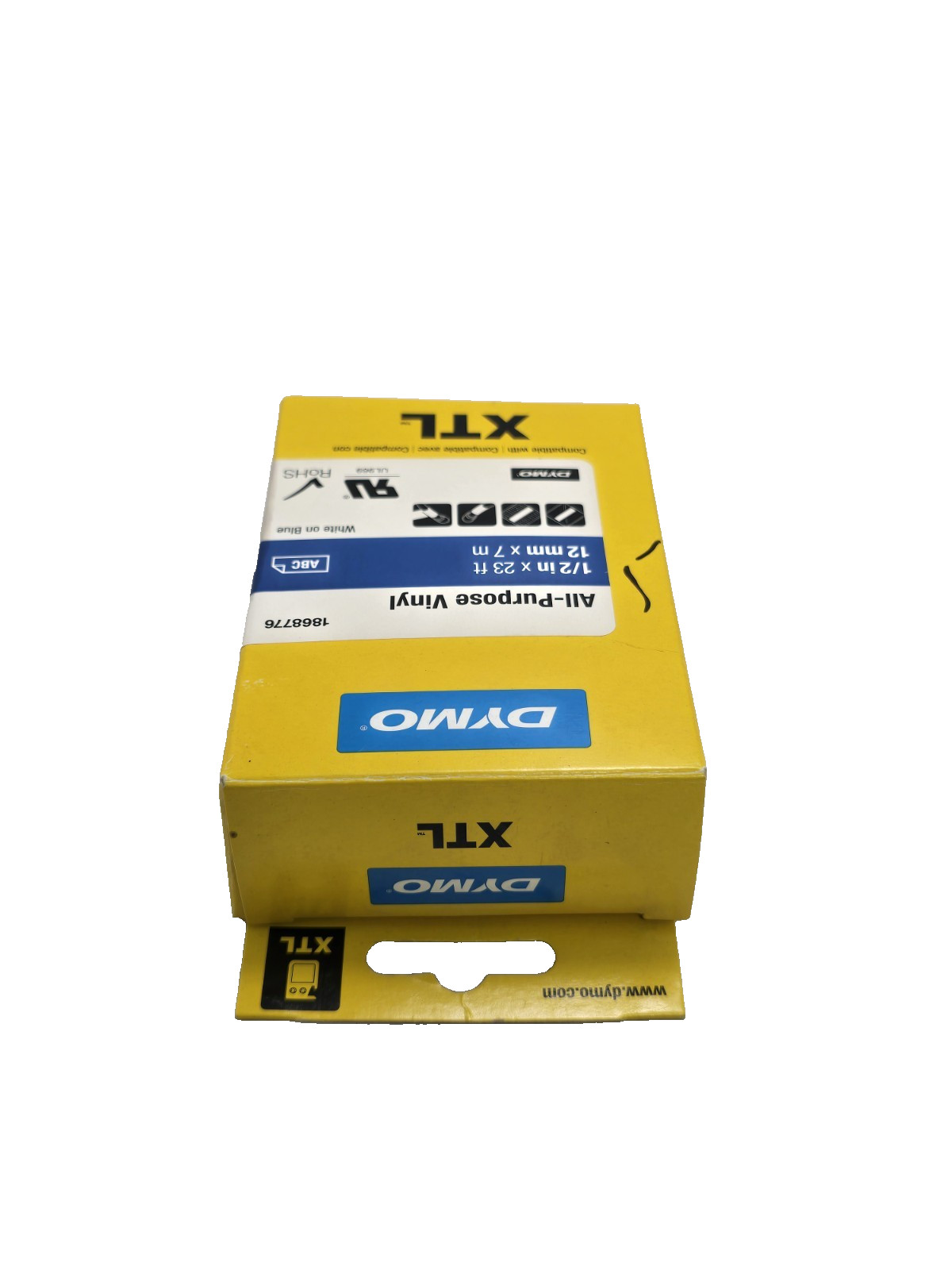 Dymo 1868776 XTL 12mm x 7m Roll All-Purpose Vinyl White on Blue 1/2″ in x 23 Ft