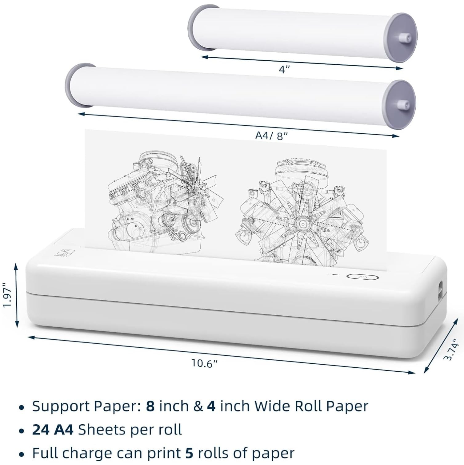 HPRT A4 Thermal Printer Paper Rollx2, 8.3 inches Wide Compatible with White