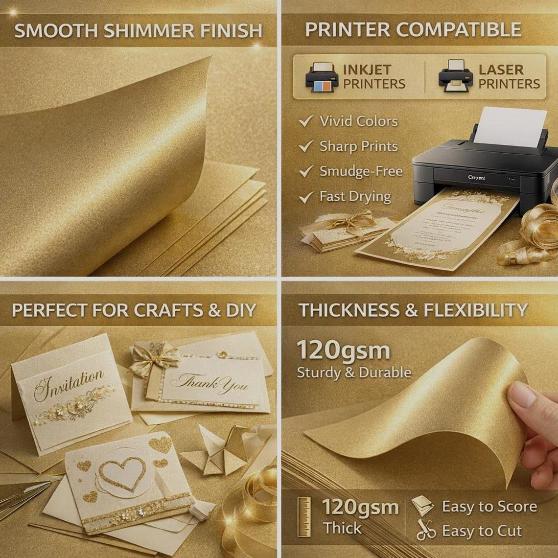 Metallic Gold Paper A4 120gsm Double-Sided, 20 Sheets, Origami