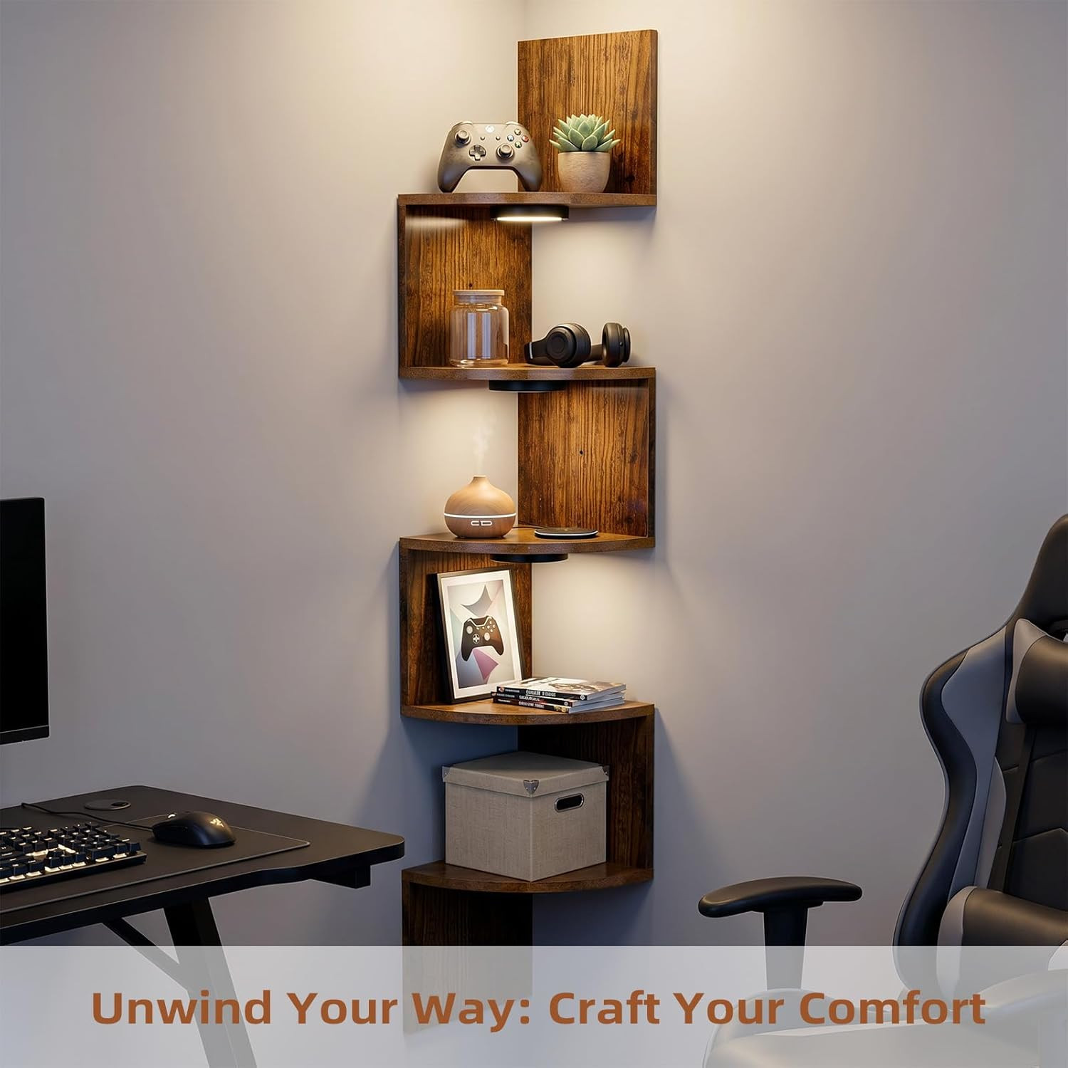 Corner Shelf Wall Mounted: 5-Tier Floating Shelves with Lights for Bedroom, Livi