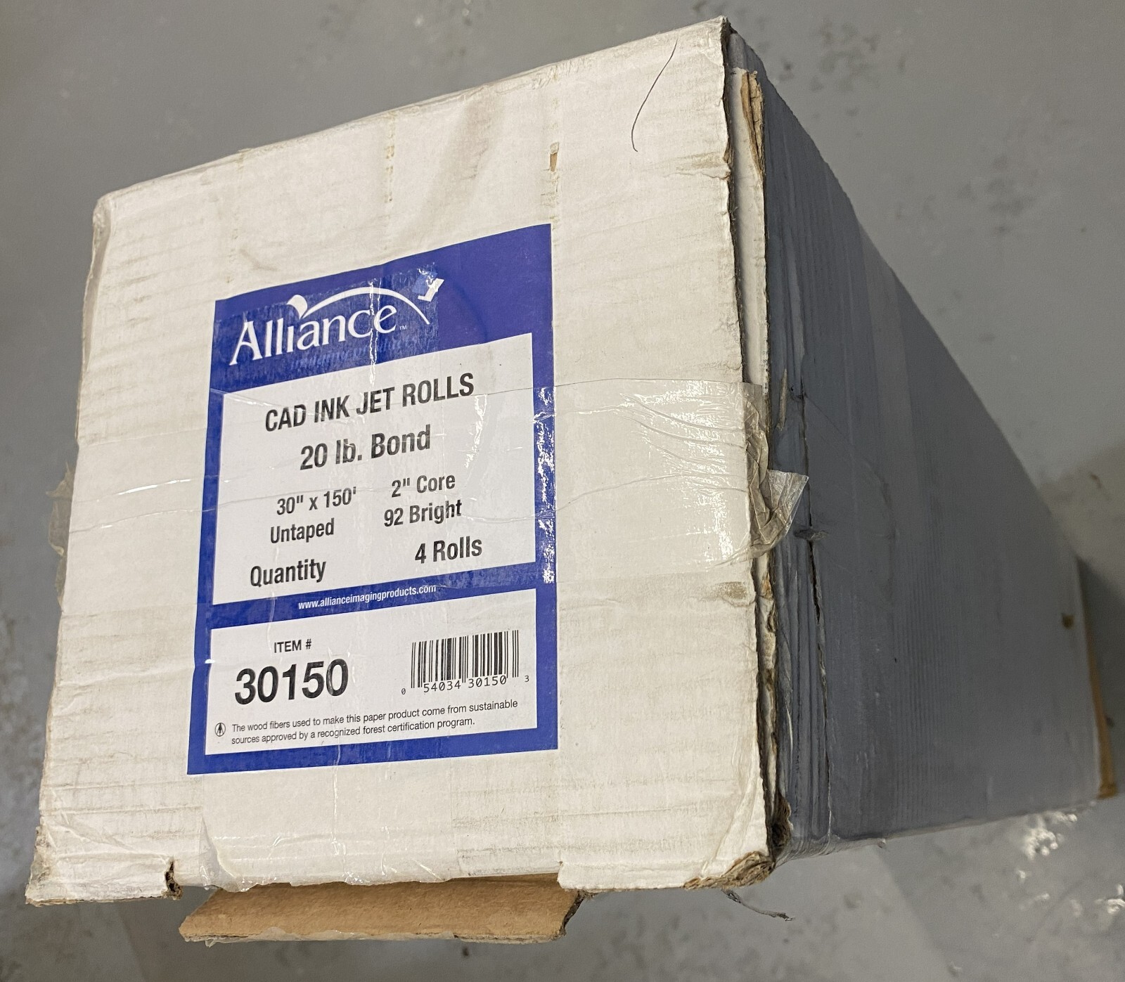 ALLIANCE CAD BOND ROLLS, 30″ X 150′ WITH 2″ CORE, 20LB, 92-96 BRIGHT 4 ROLLS NEW