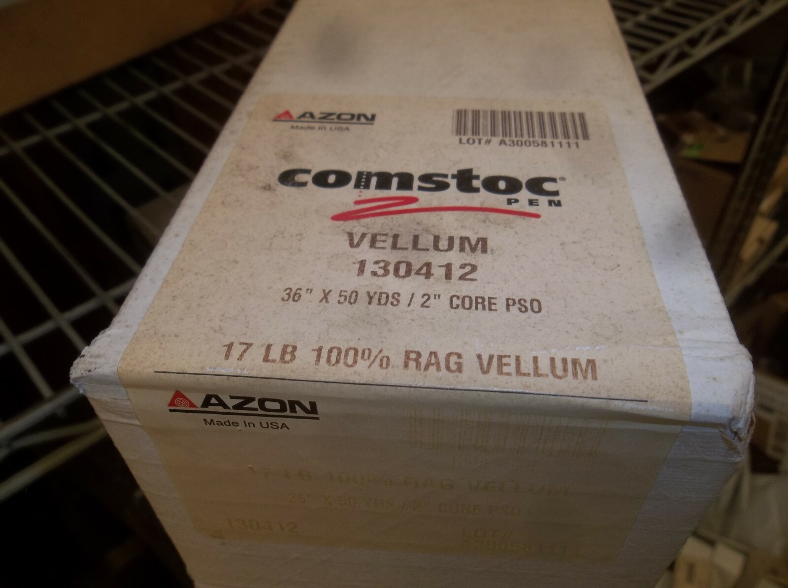 NEW AZON COMSTOC PEN 100% RAG VELLUM # 130412, 17 LB, 36” x 50 YDS 2” Core USA