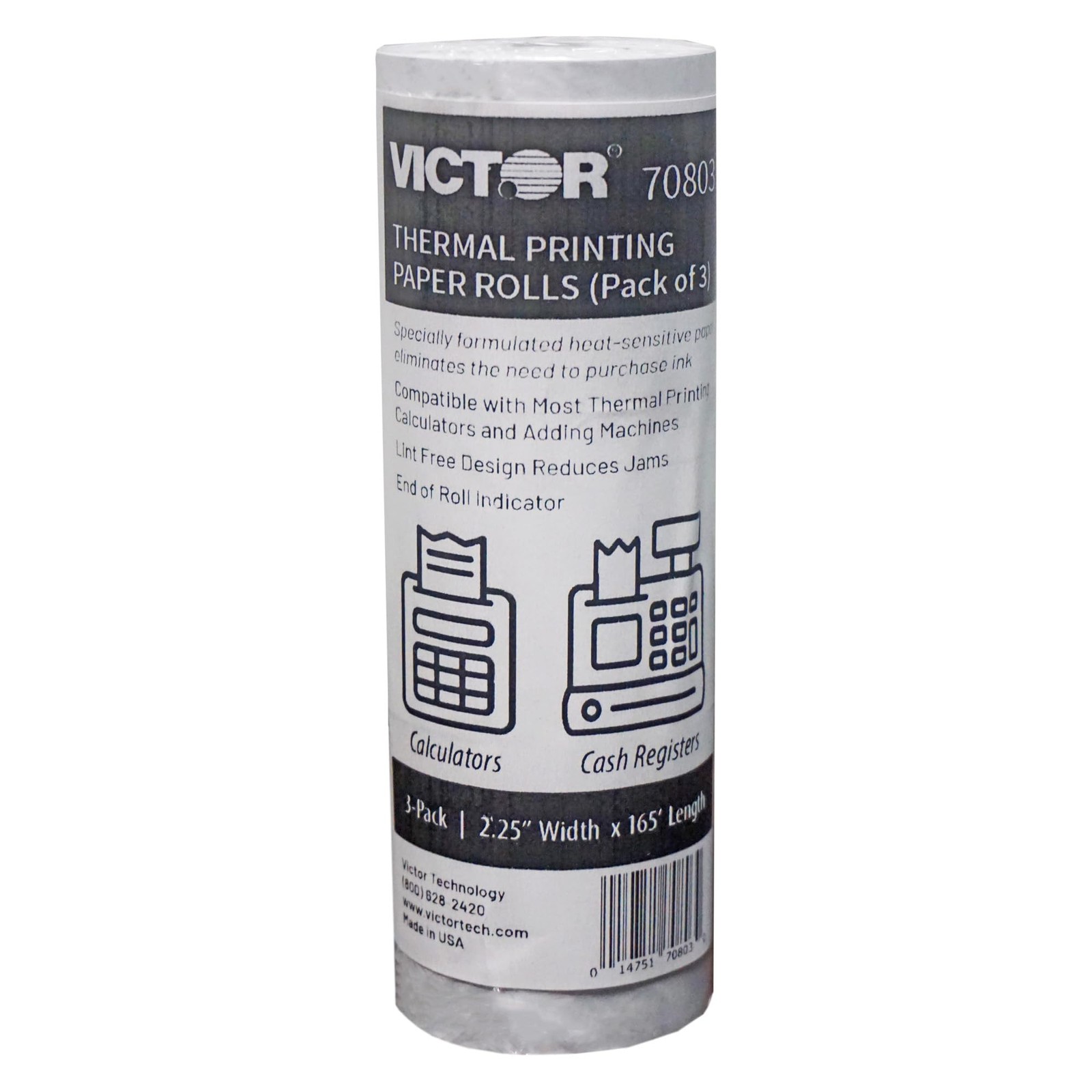 Victor Thermal Paper Roll For Printing Calculators & Cash Registers, 3 White