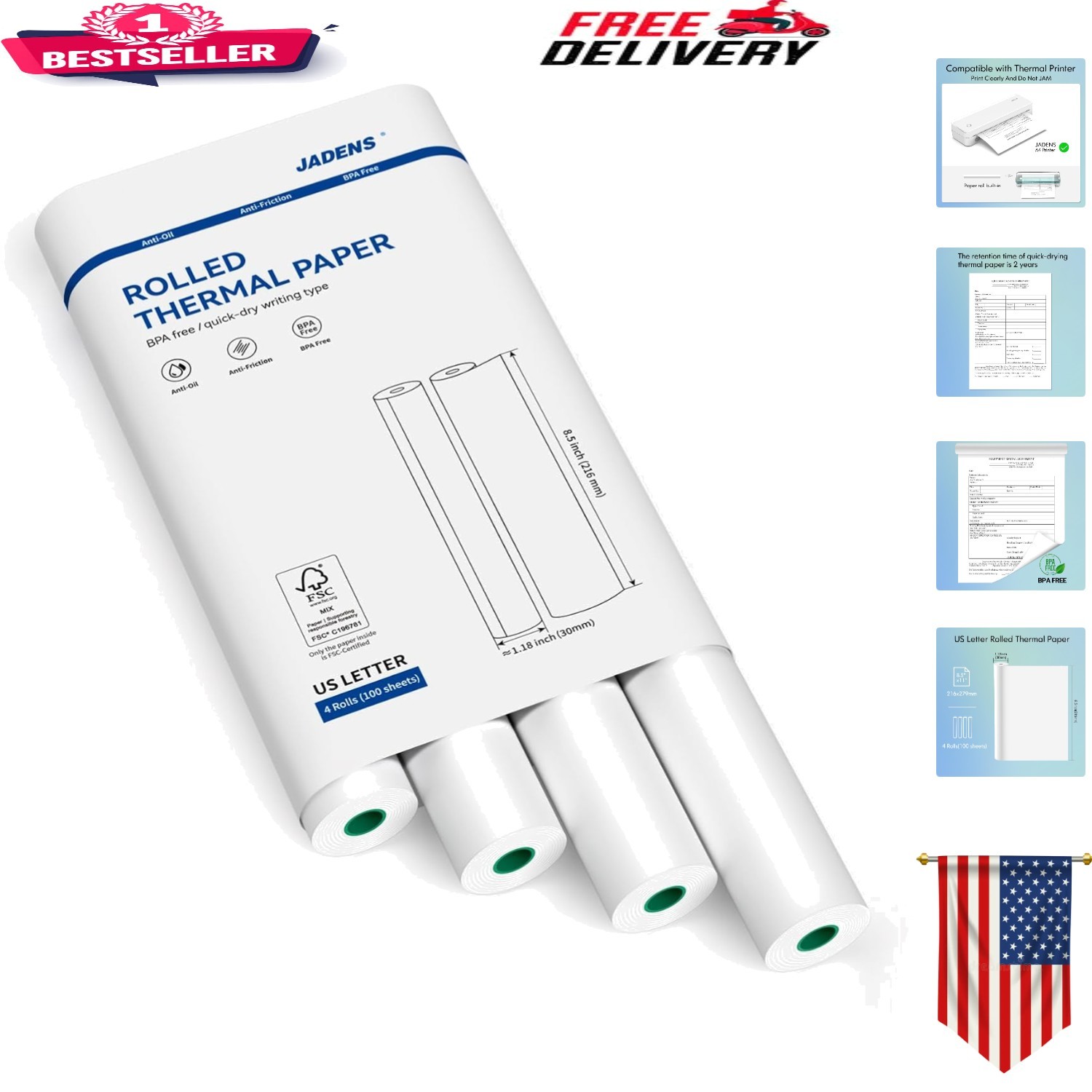 4 Rolls of Eco-Friendly Quick-Dry Thermal Paper 8.5”x11” for Smooth Printing
