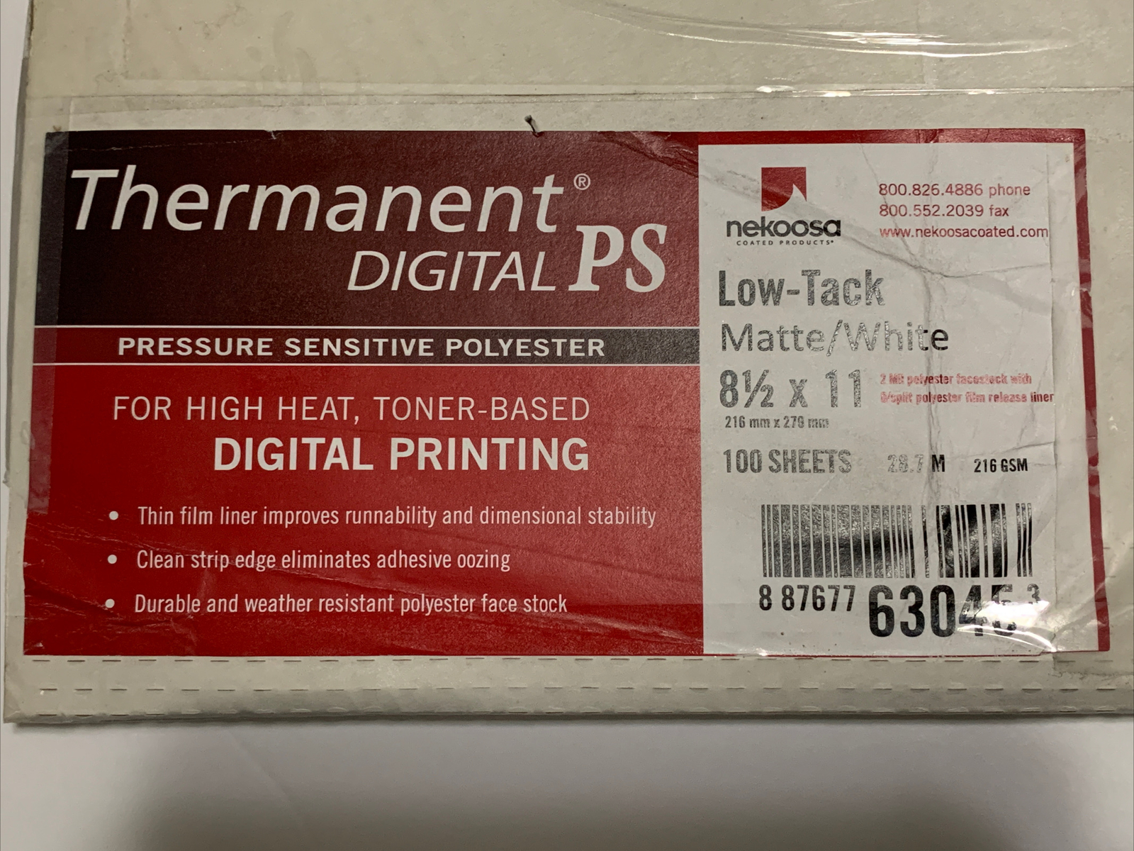Nekoosa Thermanent Digital PS, 8-1/2 x 11, Matte/White, 100/Pack