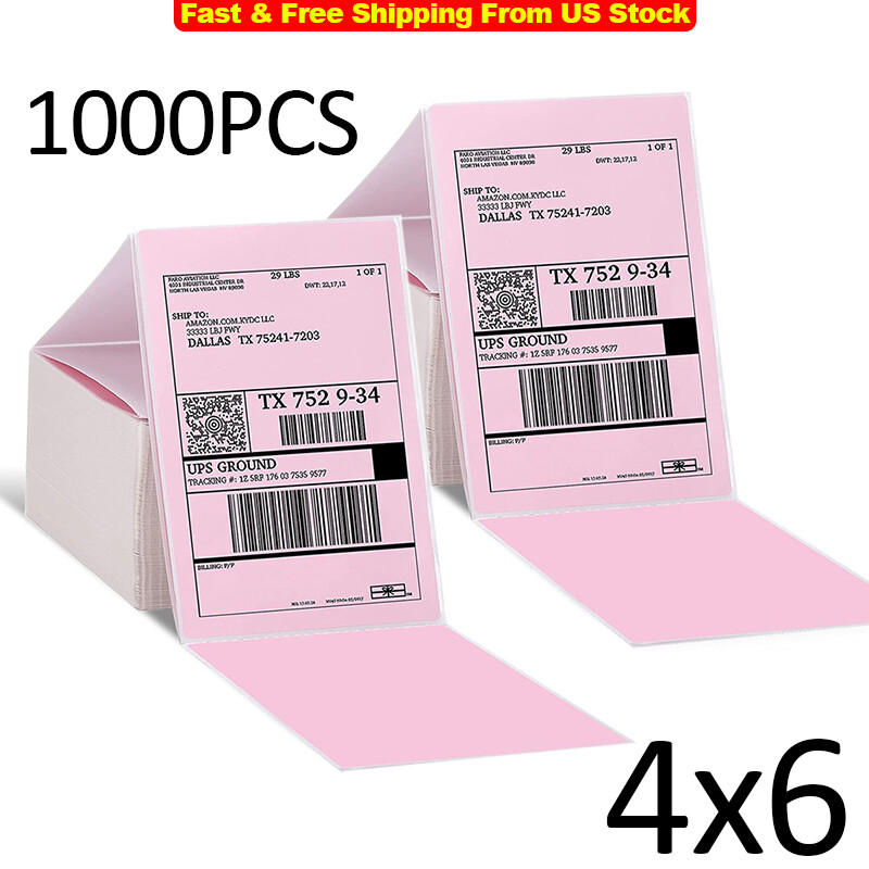1000PCS 4″ x 6″ Fanfold Direct Thermal Shipping Address Label Paper Sticker Pink