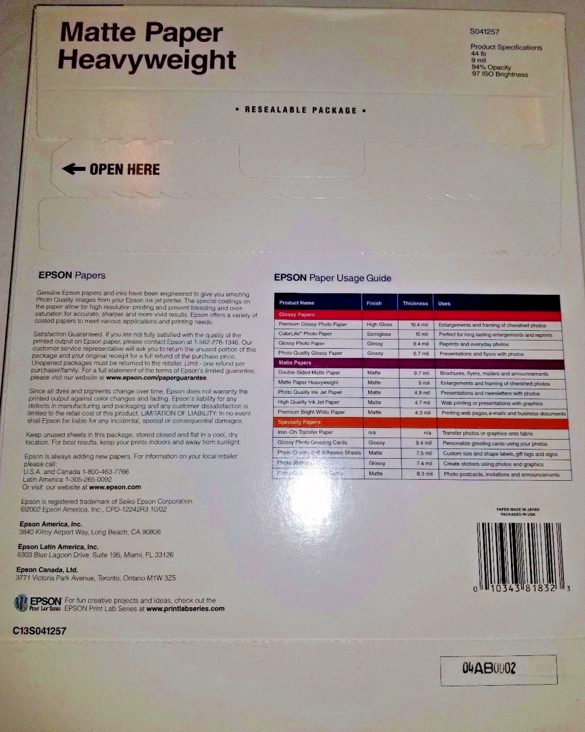 Epson S041257 Presentation Paper, Matte 8-1/2″x11″, 50/PK, Matte Free Shipping