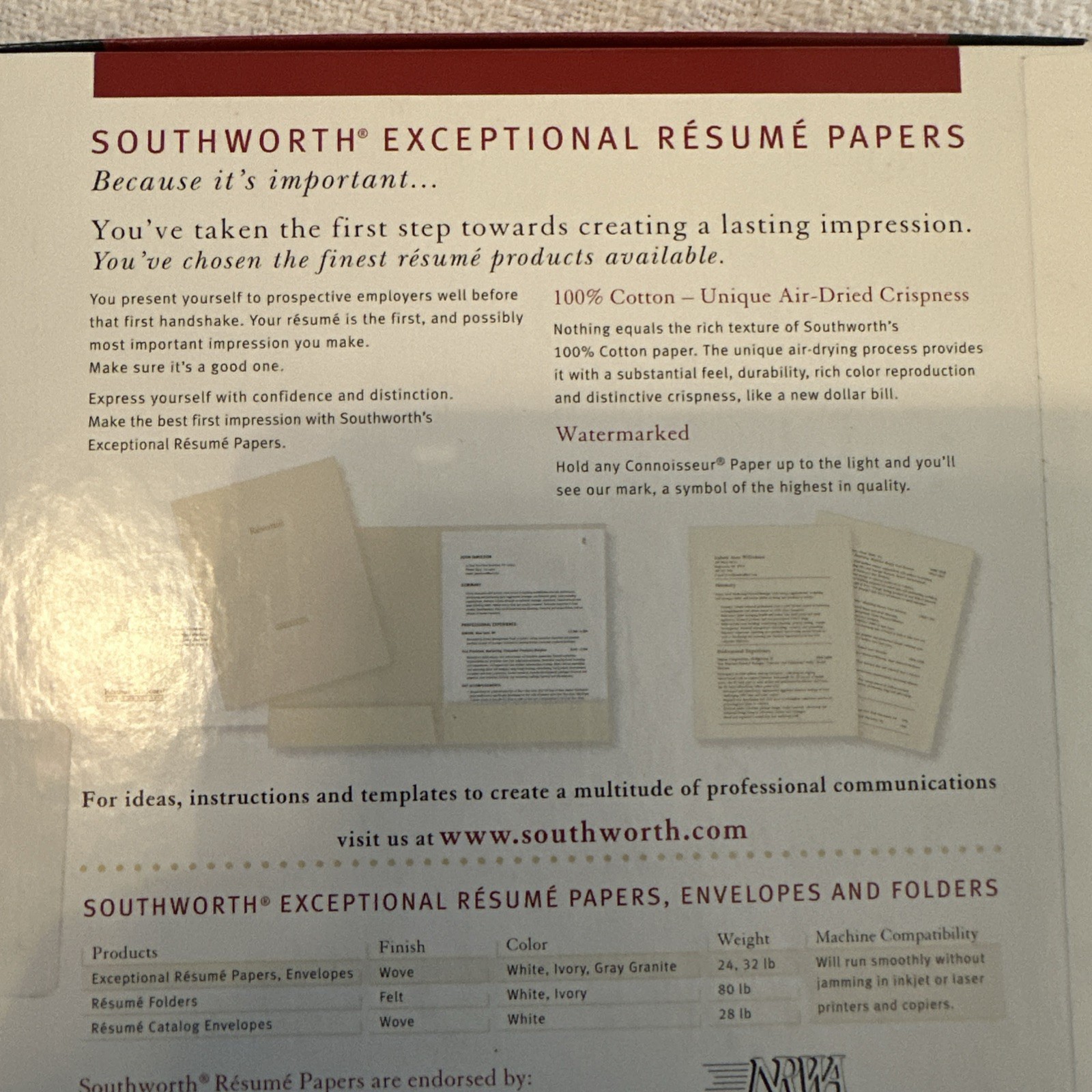 Southworth Company EXCEPTIONAL Resume Paper WATERMARKED 100 Sheets New Sealed