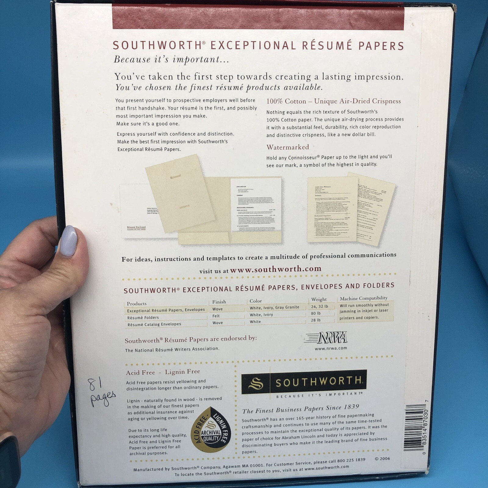 Southworth 100% Cotton Exceptional Resume Paper 24 lb 8-1/2 x 11 81 Sheets Ivory