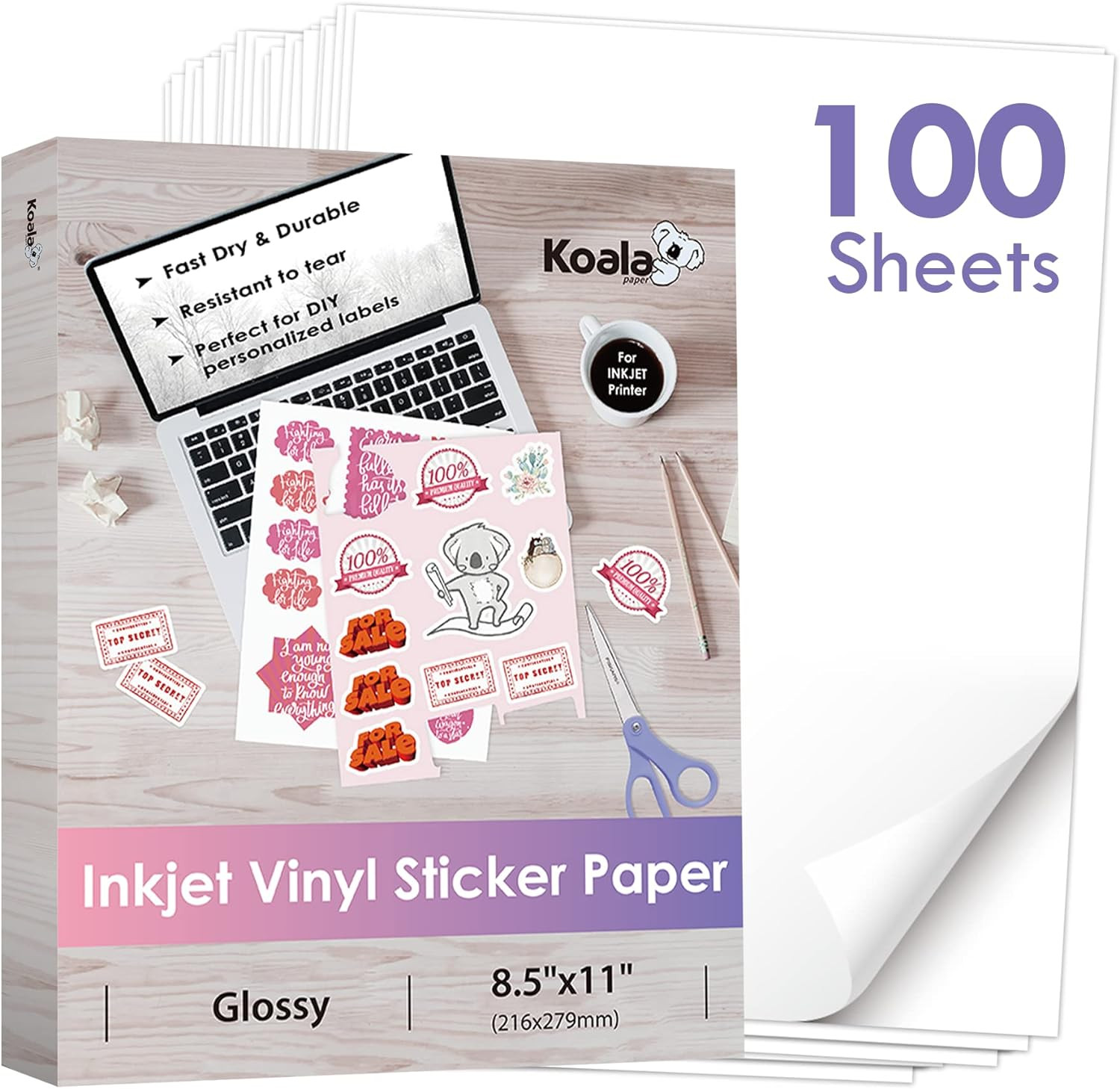 Koala Printable Vinyl Sticker Paper for Inkjet Printers – 100 Sheets Glossy W…