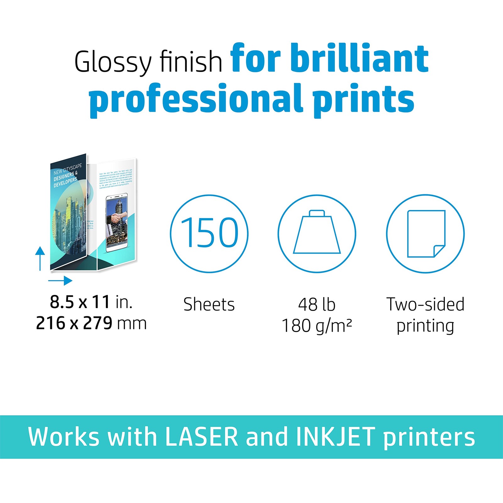 Glossy Print Copy Paper 8.5×11 for Laser Inkjet Tri Fold Brochures 500 Sheets