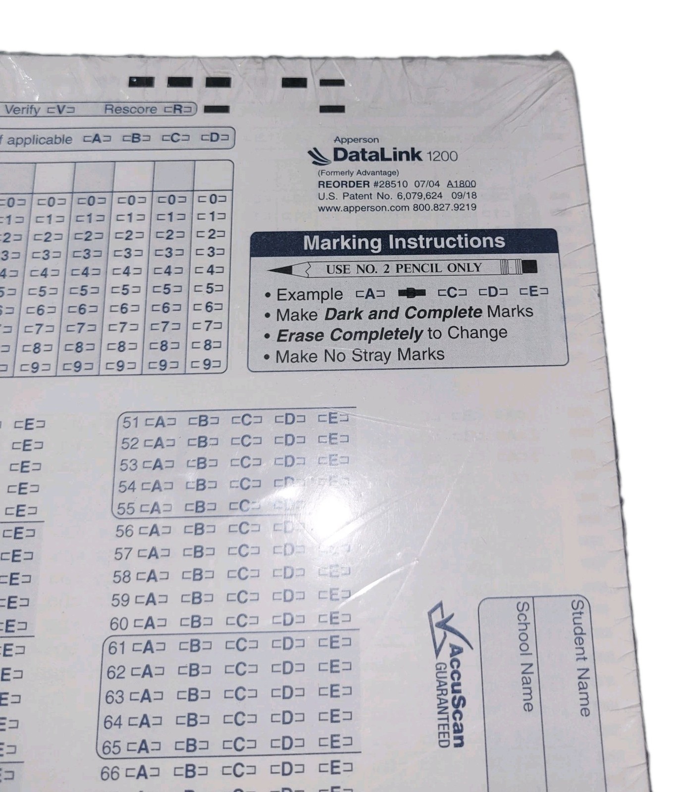 Sealed Apperson DATALINK 1200 – Pack of 500 – Data Answer Sheet Forms (28510)